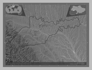 Chernivtsi, Ukraine. Grayscale. Labelled points of cities