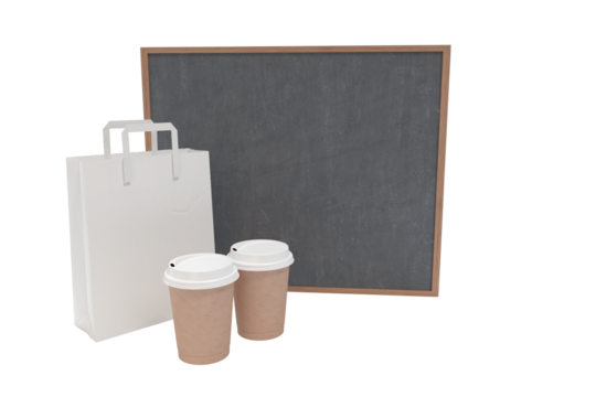 Composite image of parcel bag and disposable cups with blackboard - Powered by Adobe