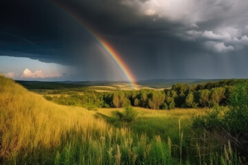 Fototapeta na wymiar Rainbow over stormy sky. Rural landscape with rainbow over dark stormy sky in a countryside at summer day. created with Generative AI technology
