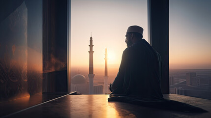 Soulful Contemplation: Muslim Man Lost in Reflection Inside a Mosque Created Using Generative Ai - obrazy, fototapety, plakaty