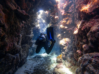 Divers are diving in a coral canyon or cave in the red sea in egypt
