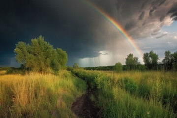 Naklejka premium Rainbow over stormy sky. Rural landscape with rainbow over dark stormy sky in a countryside at summer day. created with Generative AI technology