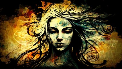 A beautiful face portrait of a powerful yogi woman who is a mistress of the elements with the calm and peaceful expression a colorful abstract picture painted with paints © Natalia