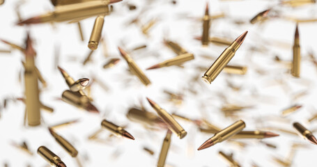 A lot of rifle bullets floating at zero gravity over white background.