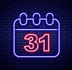 Obraz premium Glowing neon line Calendar with Halloween date 31 october icon isolated on brick wall background. Happy Halloween party. Colorful outline concept. Vector