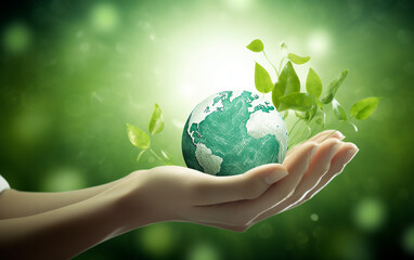A hand supports a globe with budding leaves, symbolizing human care and growth for World Environment Day