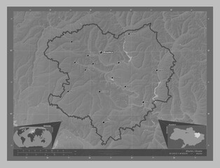Kharkiv, Ukraine. Grayscale. Labelled points of cities