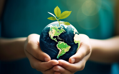 Hands cradle the Earth with a growing plant, a powerful image of nurturing and protecting our world for the future