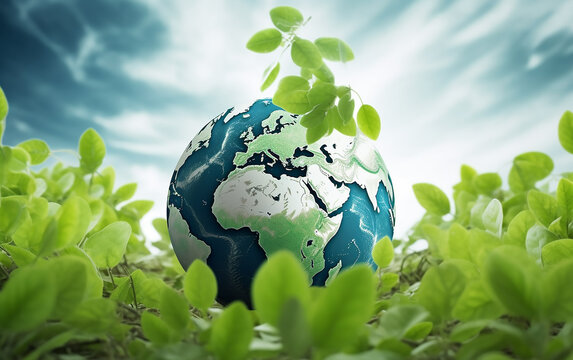 A sprouting globe amid young green leaves, an inspiring image for World Environment Day, symbolizing growth and hope