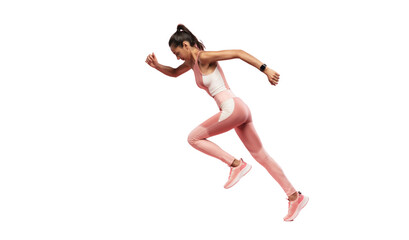 Sporty young woman running. Full length profile photo of lady jump high up training marathon finish line wear sports suit shoes isolated on transparent background - obrazy, fototapety, plakaty
