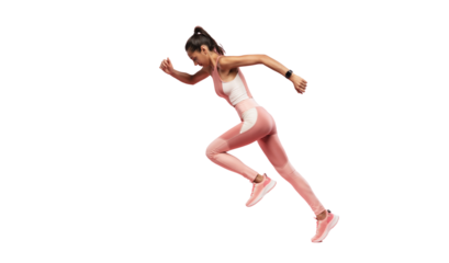 Sporty young woman running. Full length profile photo of lady jump high up training marathon finish line wear sports suit shoes isolated on transparent background