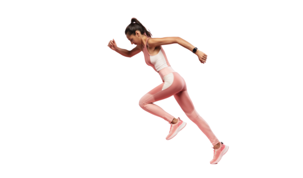 Sporty young woman running. Full length profile photo of lady jump high up training marathon finish line wear sports suit shoes isolated on transparent background