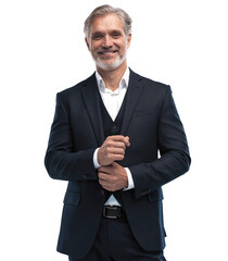 Handsome middle-aged man in suit posing against transparent background with copy space
