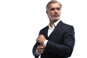 Handsome middle-aged man in suit posing against transparent background with copy space