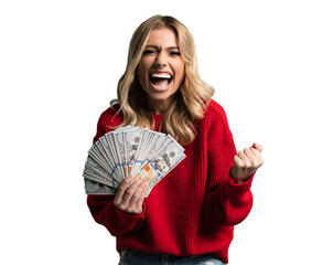 Enthusiastic modern woman winning money, got cash, celebrating and shouting of joy, standing against transparent background