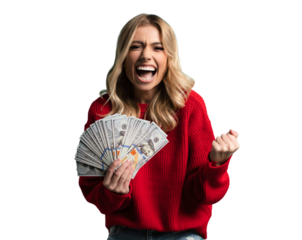 Enthusiastic modern woman winning money, got cash, celebrating and shouting of joy, standing against transparent background
