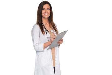 Photo of attractive family doc lady patients consultation friendly smiling clinic arms crossed wear white lab coat stethoscope isolated transparent background