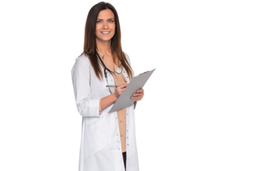 Photo of attractive family doc lady patients consultation friendly smiling clinic arms crossed wear white lab coat stethoscope isolated transparent background