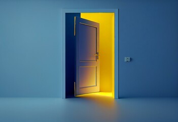 3d render, yellow light inside the open door isolated on blue background. Room interior design element. Modern minimal concept. Opportunity metaphor. Generative AI