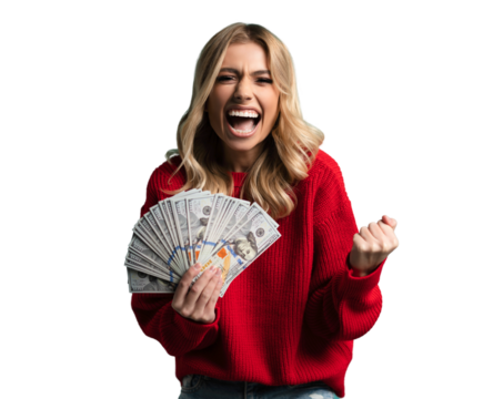 Enthusiastic modern woman winning money, got cash, celebrating and shouting of joy, standing against transparent background