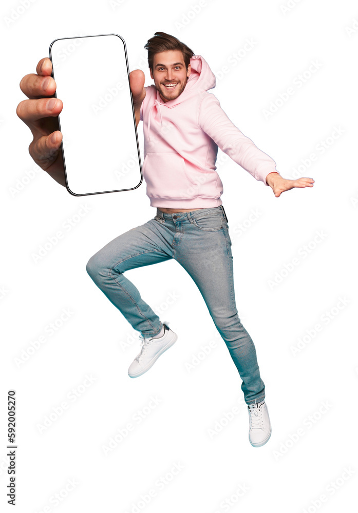 Wall mural mobile app advertisement. handsome excited man showing pointing at empty smartphone screen posing ov