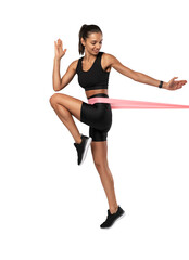 Fototapeta na wymiar Sportswoman exercising with resistance band. Female with working out with elastic band on transparent background