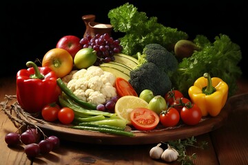 Fototapeta na wymiar Healthy vegan food on the table. Green fresh organic vegetables. Ingredients for healthy foods selection. Generative AI