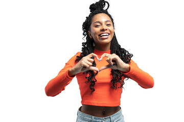 Young lovable woman with african hairstyle showing heart and laughing during indoor photoshoot. Graceful cute girl in casual clothes enjoying leisure time on transparent background