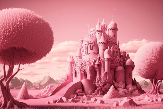 Fantasy Pink Castle Toy in a Pink Landscape, Generative Ai