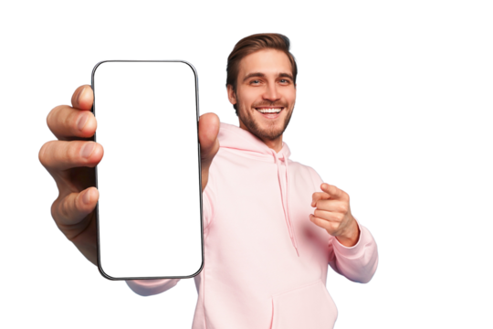 Mobile App Advertisement. Handsome Excited Man Showing Pointing At Empty Smartphone Screen Posing Over Transparent Background, Smiling To Camera. Check This Out, Cellphone Display Mock Up