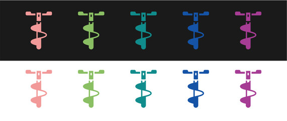 Set Hand ice drill for winter fishing icon isolated on black and white background. Vector