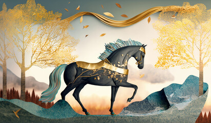 3D mural wallpaper suitable for frame canvas print . horse and golden trees with colored mountains. golden sun and birds with modern background, Generative AI