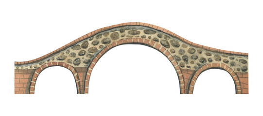 Ancient stone bridge brown with three arches. Watercolor illustration, hand drawn. Isolated object on a white background. For decoration and design of the city, streets, compositions.