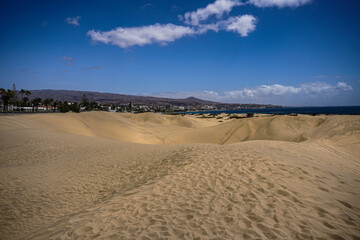 Fototapeta na wymiar Gran Canaria, Maspalomas, Sand, Strand, Wasser, Meer, Sonne, Dünen, Dunas, Panorama, 