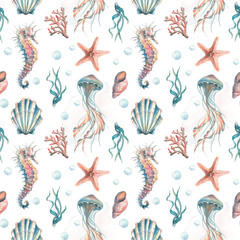 Marine seamless pattern with seahorses, jellyfish, bubbles, seashells, algae, starfish and corals. Watercolor illustration, hand drawn. For fabric, textile, wallpaper, paper, packaging wrapping paper