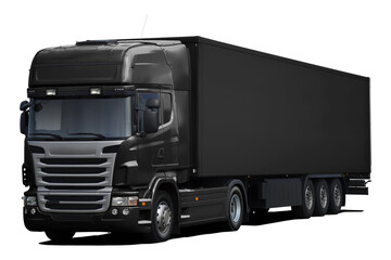 A modern European truck with a cab and semi-trailer in full black. Front side view isolated on white background.