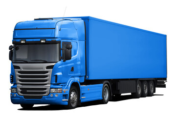 A modern European truck with a cab and semi-trailer in full light blue. Front side view isolated on white background.