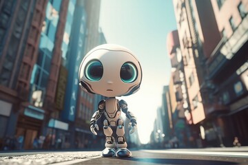 Cute Cartoon Cyborg With Very Big Eyes And Pitying Gaze In Front Of A Big Cartoon City Street. Generative AI