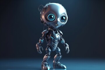 Cute Cartoon Cyborg With Very Big Eyes With A Canvas Painting. Generative AI