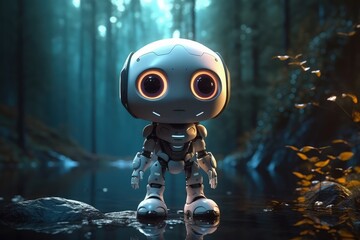 Cute Cartoon Cyborg With Very Big Eyes And Pitying Gaze A Forest With A Glowing Lake. Generative AI