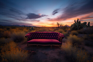 Desert Serenity: A Mesmerizing Art Deco Sofa in the Enchanting Dusk Meadow Created Using Generative Ai
