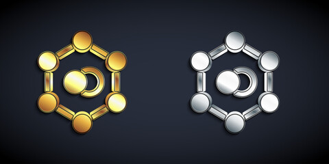 Gold and silver Molecule icon isolated on black background. Structure of molecules in chemistry, science teachers innovative educational poster. Long shadow style. Vector