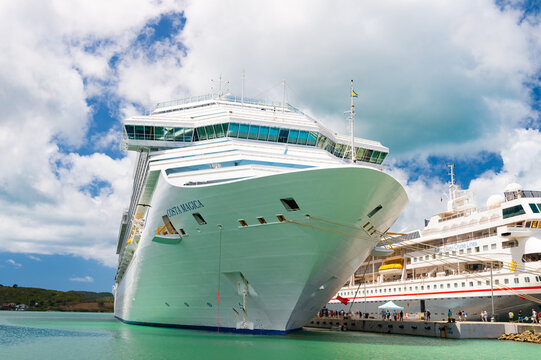 St. Johns, Antigua and Barbuda - March 05, 2016: costa magica cruise ship liner, front view