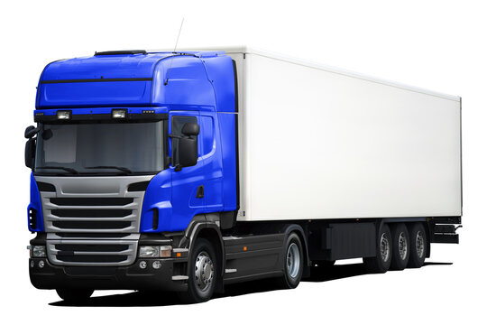 A modern European truck with a dark blue cab, black plastic bumper and a full white semi-trailer. Front side view isolated on white background.
