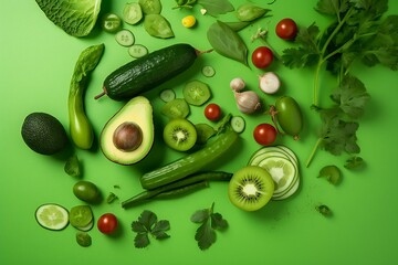 Healthy vegan food on the green background. Green fresh organic vegetables concept. Ingredients for healthy foods selection. Generative AI