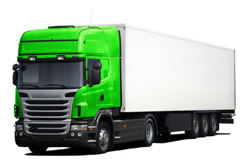 A modern European truck with a green cab, black plastic bumper and a full white semi-trailer. Front side view isolated on white background.