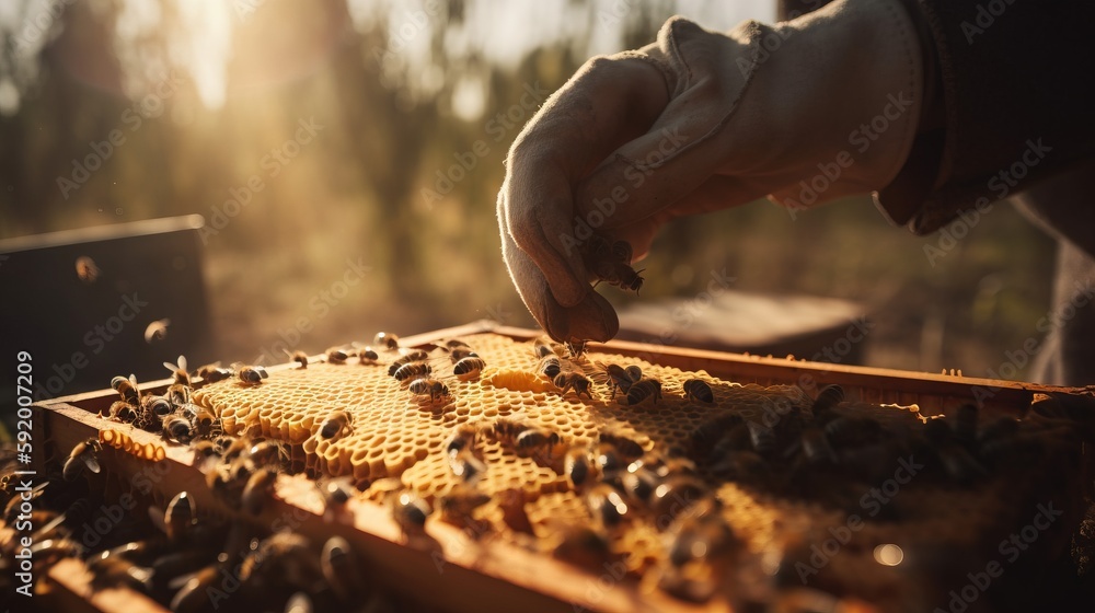 Aufkleber a beekeeper is inspecting a beehive that is covered in honeybees and other bees that are on the hone