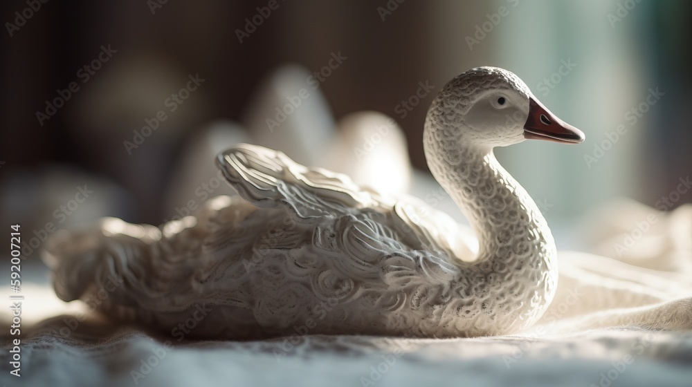 Poster a close up of a white duck on a bed with a blurry background of other ducks in the background and on