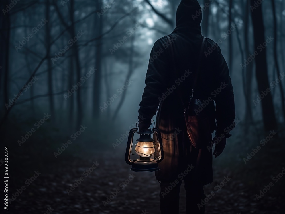 Poster a man in a hooded jacket holding a lantern in a dark forest with fog and light coming from the back 
