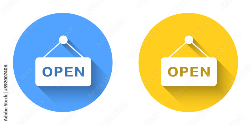 Poster white hanging sign with text open door icon isolated with long shadow background. circle button. vec